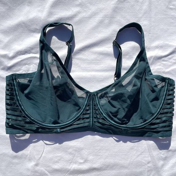Victoria’s Secret Unlined Plunge Bra 38DD Green Sheer Mesh Strappy Cage Band - Picture 1 of 4